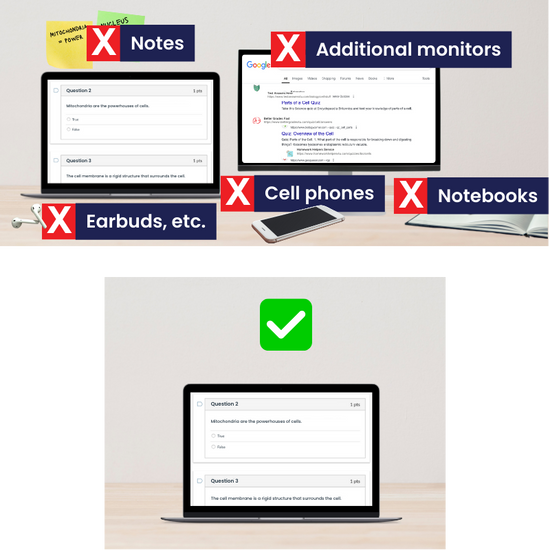 comparison testing areas, one is a cluttered desk with unauthorized items on it, the other is a desk that is completely clear except to the device used to take the proctored assessment