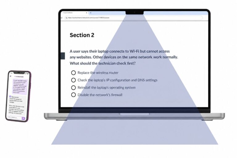 Cell phone outside a laptop webcam’s view displays an AI assistant answering the exam question on screen.