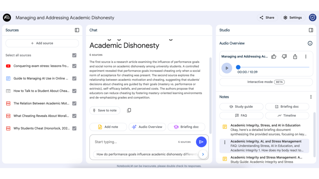 NotebookLM interface for students creating study guides