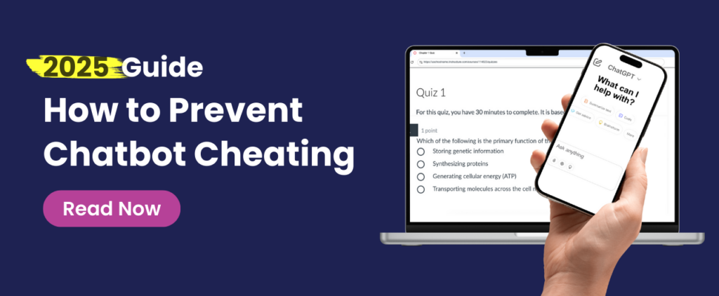 Access the 2025 Guide to preventing chatbot cheating in education. Laptop with a quiz on screen and a hand holding a phone with chatgpt on the screen