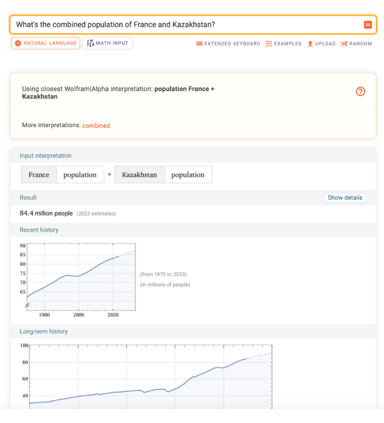 Screenshot of Wolfram Alpha showing the combined population of France and Kazakhstan. The result is 84.4 million people (2023 estimates), with charts displaying population trends from 1970 to 2033.
