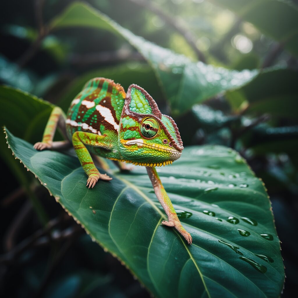 AI-generated image of a chameleon walking on a green leaf covered in water droplets with a rainforest background.