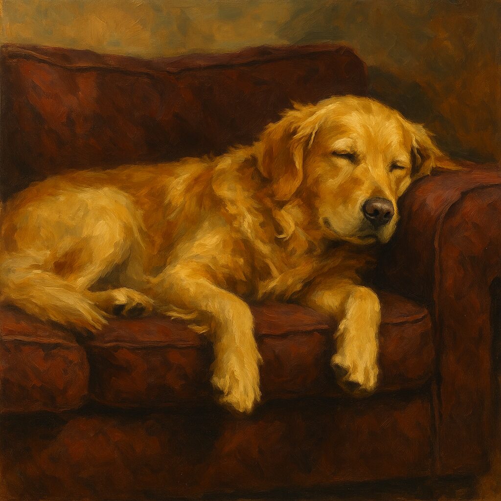 Oil painting of a golden retriever sleeping on a brown couch.