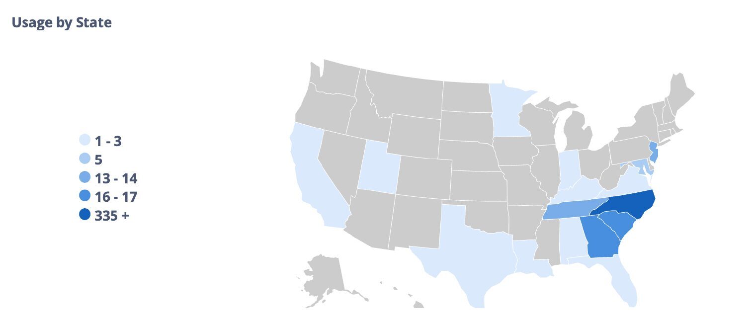 Colored map of the United States showing the various states where WPCC students complete proctored exams