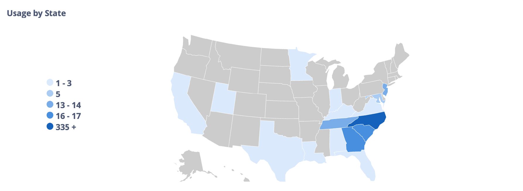 Colored map of the United States showing the various states where WPCC students complete proctored exams