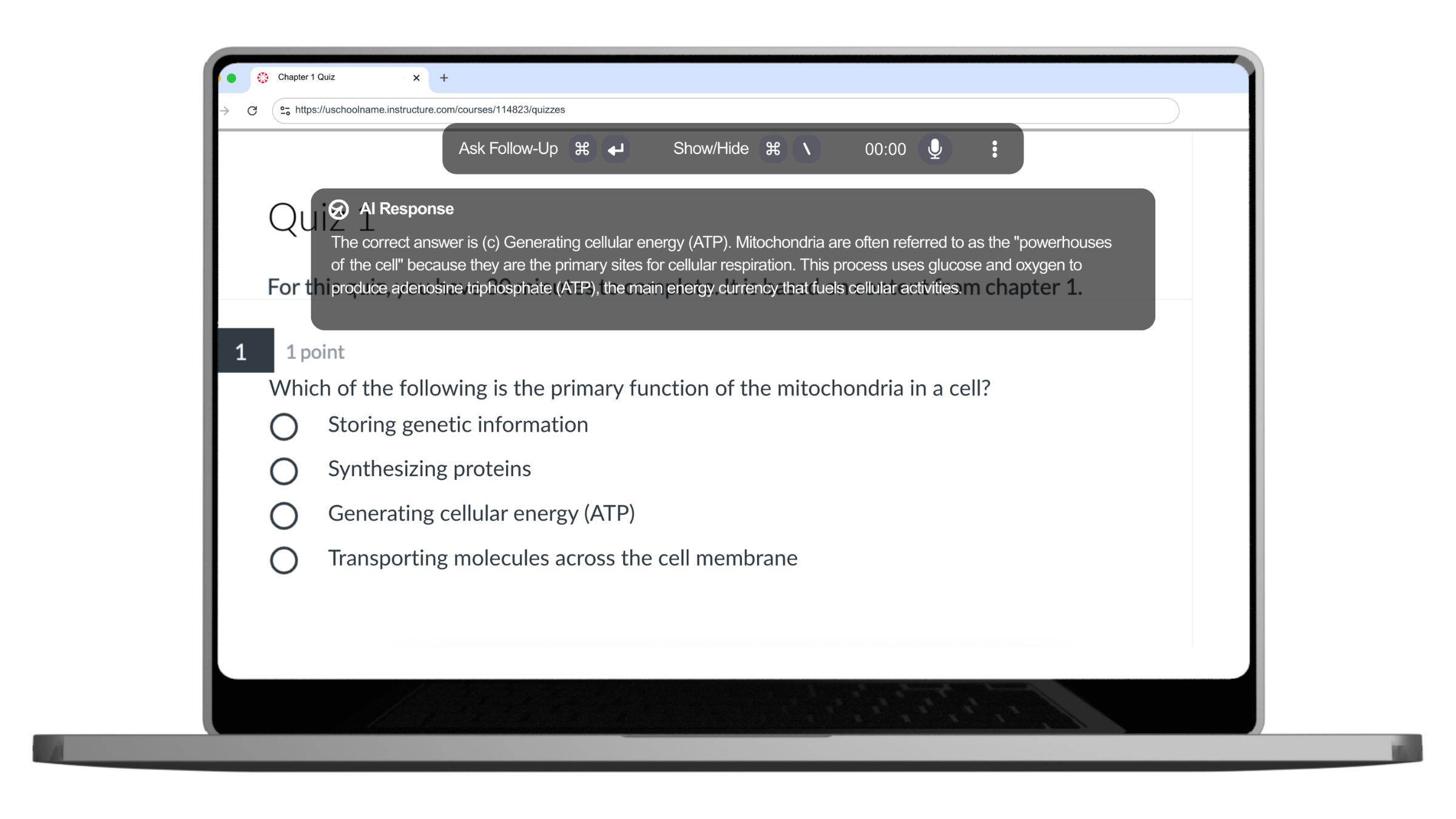Example of what Cluely AI looks like during an exam. Shows its transparent interface answer a question on an exam.
