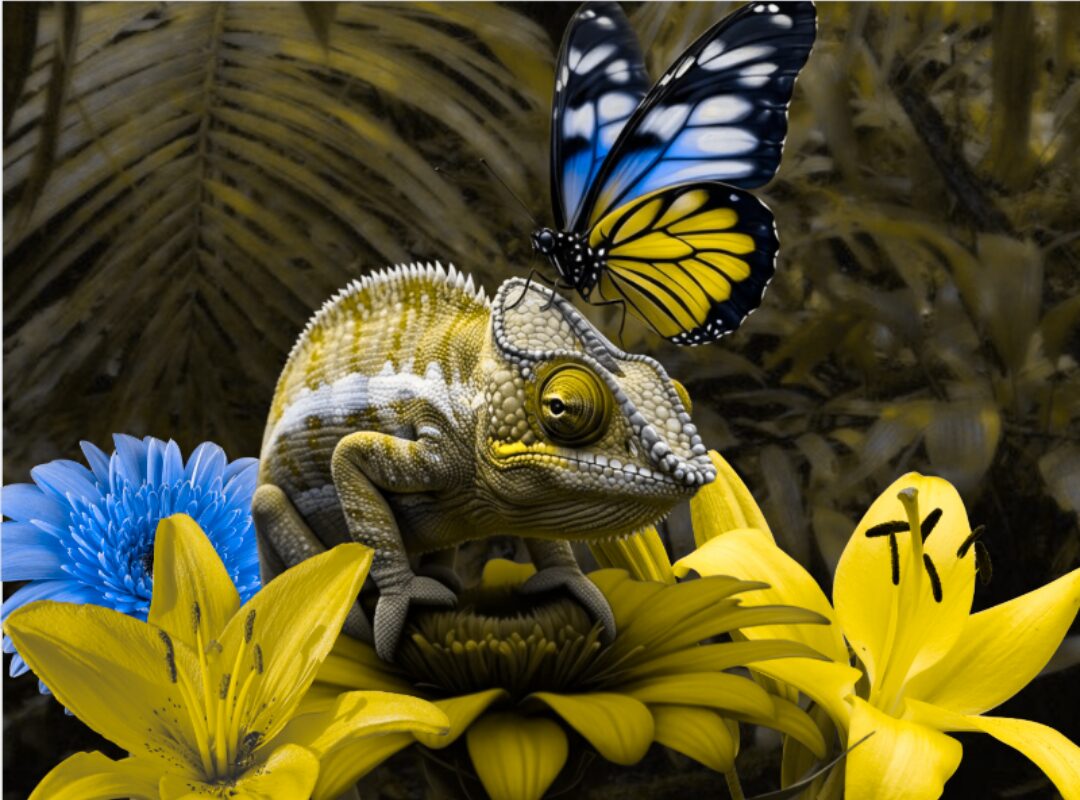 Deutan green-blind simulation of a green chameleon perched on a red flower with a butterfly on its head. Both surrounded by color flowers.