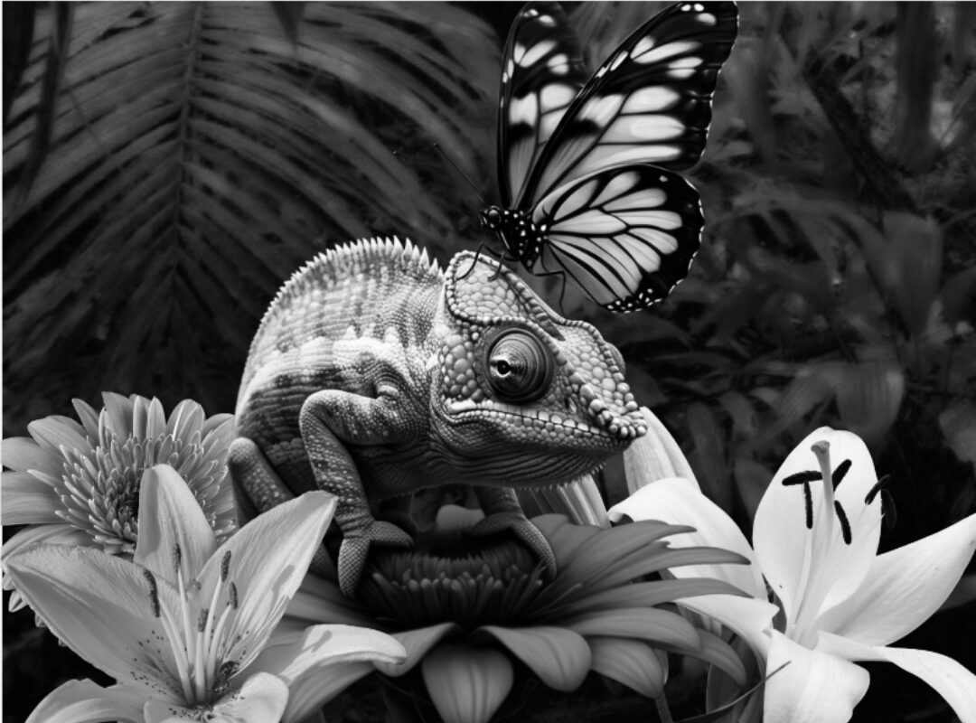 Monochromacy color blind simulation of a green chameleon perched on a red flower with a butterfly on its head. Both surrounded by color flowers.
