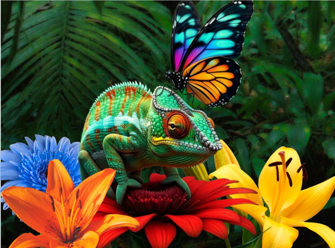 Green chameleon perched on a red flower with a butterfly on its head. Both surrounded by color flowers.