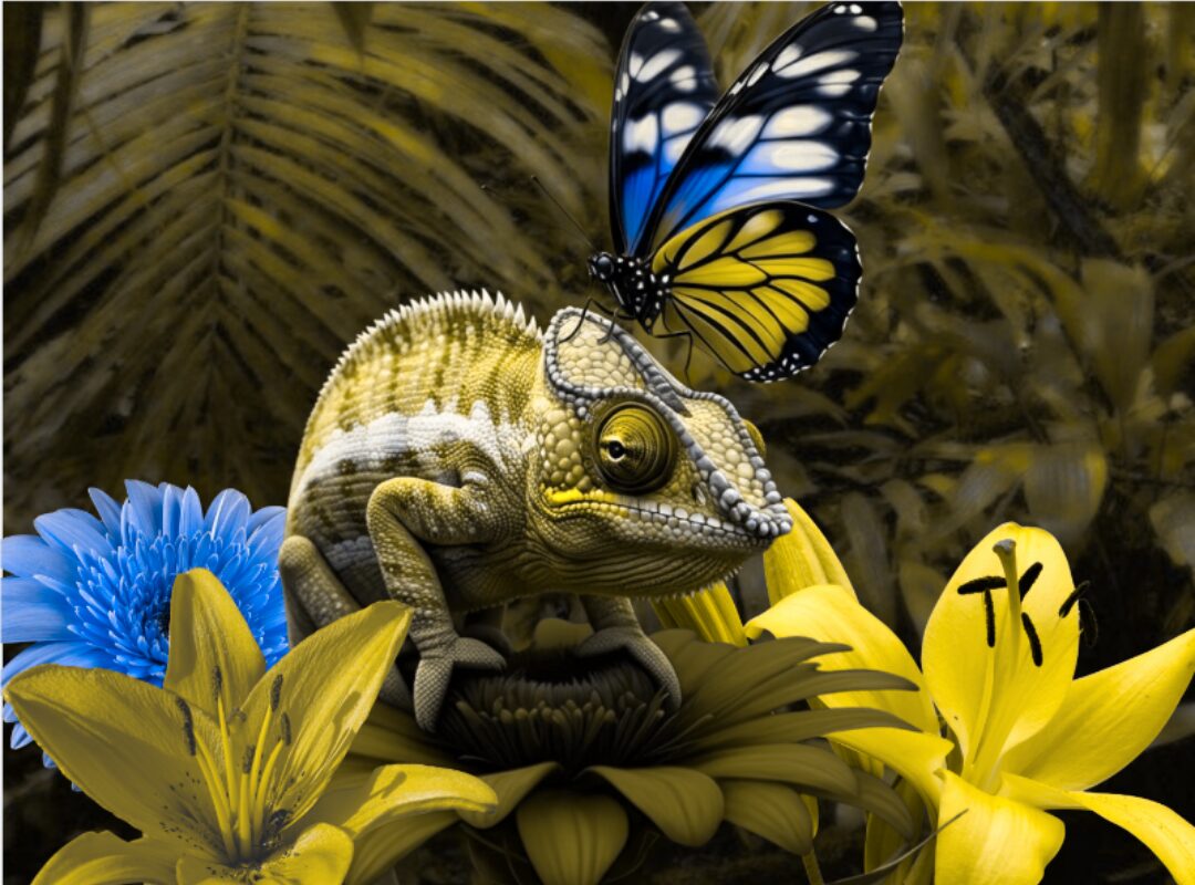 Protan red-blind color simulation of a green chameleon perched on a red flower with a butterfly on its head. Both surrounded by color flowers.