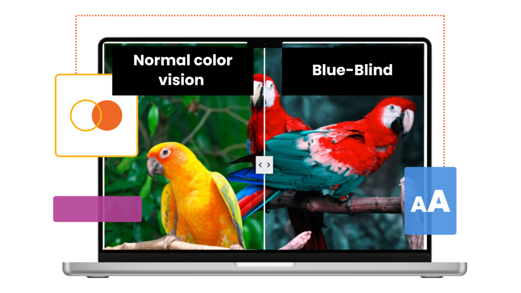 Guide about creating accessible online learning experiences, with parrot image comparing normal and blue-blind color vision.