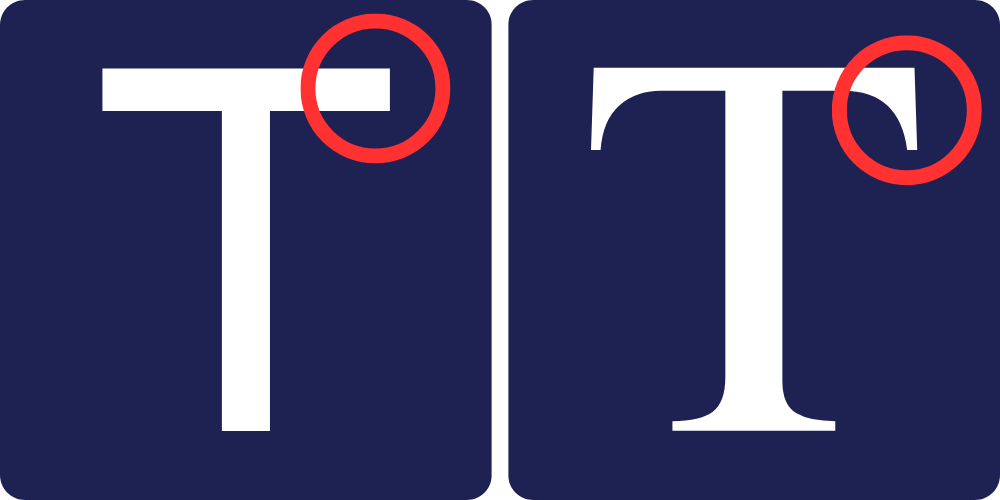Side-by-side comparison of the letter T to show the difference between Sans Serif and Serif font.