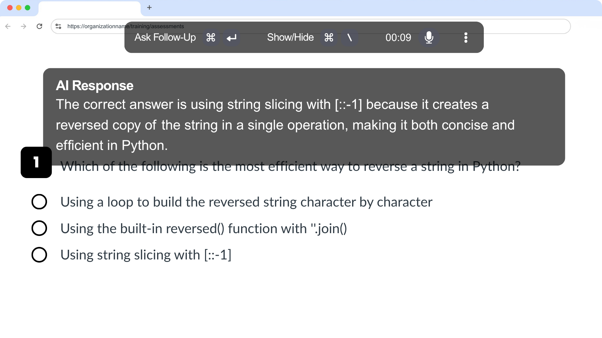 Hidden AI assistant overlay answering a Python question during an online exam.