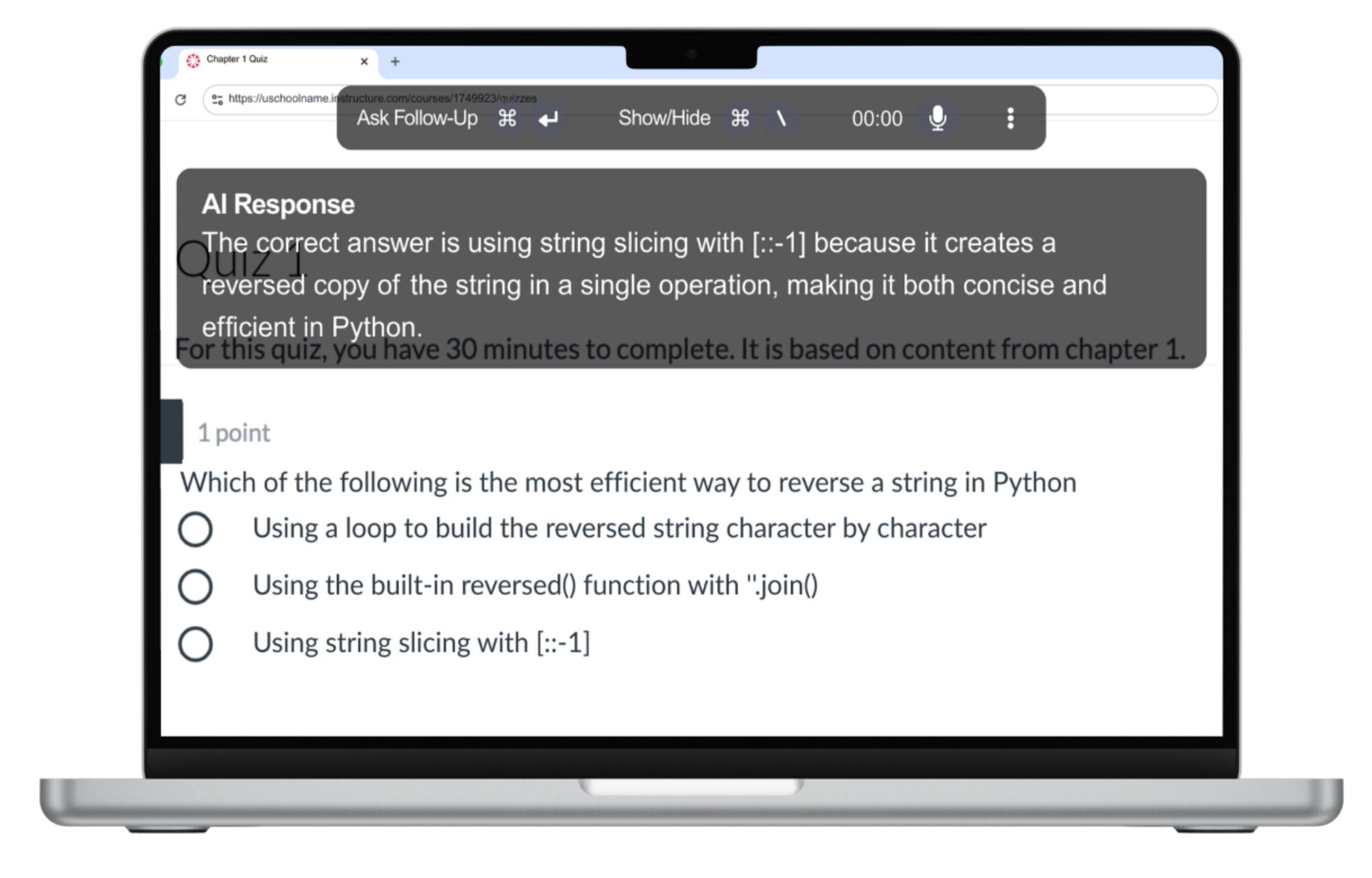 Laptop screen showing an invisible AI interview assistant answering a coding question during a technical interview.