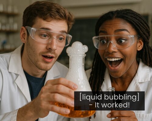 Two chemistry students wearing safety goggles and lab coats react excitedly as they watch an orange liquid bubble in a flask.