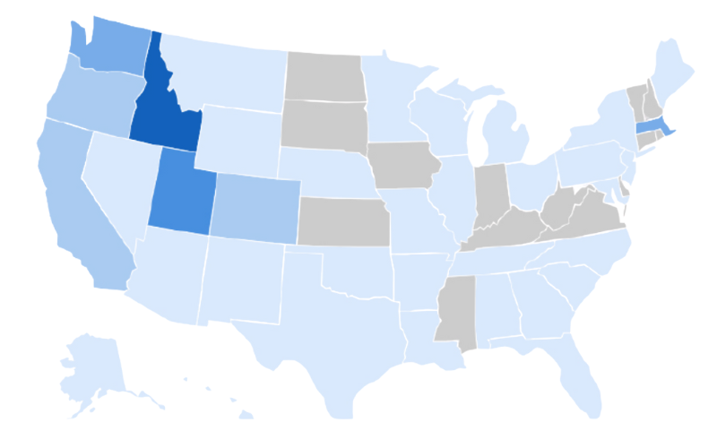 Color map of states Idaho State University proctored exams in