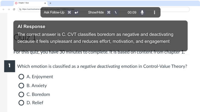 Mockup example of what Cluely AI looks like during an online quiz. Displays the application’s AI overlay answering the quiz question.