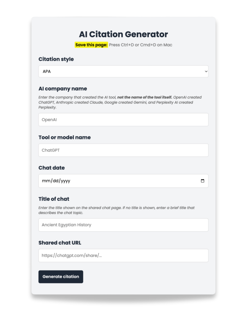 Automated citation generator for AI